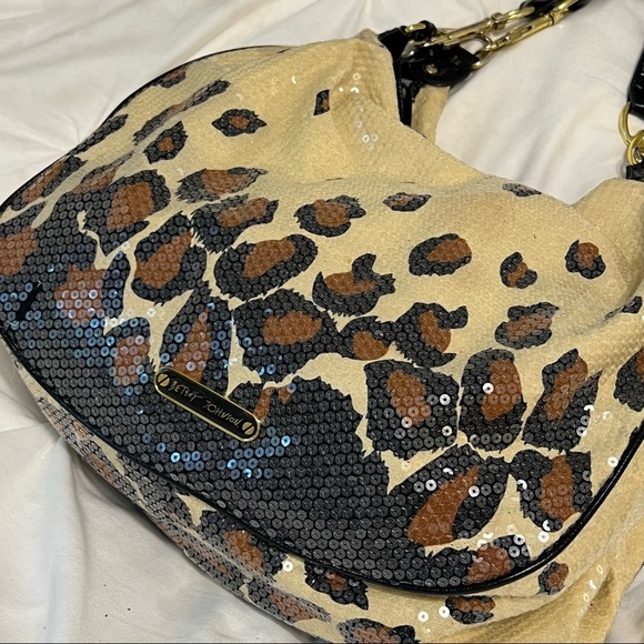 VINTAGE Betsy Johnson Black Brown Leopard Print Sequin Hobo Shoulder Bag Purse - Picture 2 of 12